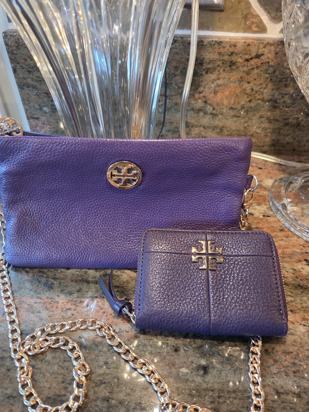 Tory Burch Purple Leather Clutch and Wallet Set with Gold Hardware